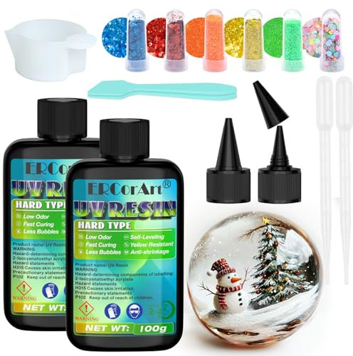 UV Resin Kit - 200 g Crystal Clear UV Glue with Glitter, Yellowing Resistant Fast Solar Curing UV Resin for Jewellery Making, Earrings, Bracelet, Necklace, Decoration DIY - Each 100 g