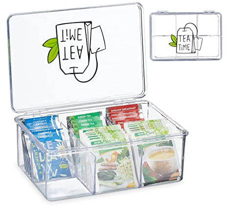 Relaxdays Box Porta tè e Tisane, 6 Scomparti, con Coperchio, 9x21,5x15 cm, Organizer per Bustine, Plastica, Trasparente, 9 x 21.5 x 15 cm