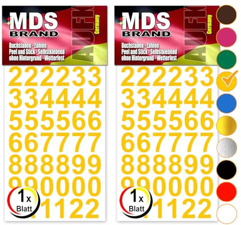 MDS Brand Design 2cm Zahlen Aufkleber | Selbstklebende Klebezahlen | Vinyl Hausnummern zum Aufkleben für Briefkasten, Mülltonnen & Buro, Zahlen für Außen & Innen Peel (Gelb)