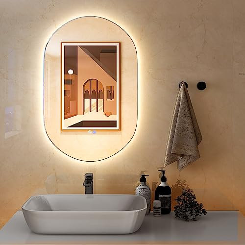 COSTWAY Specchio LED da Bagno 80x50 cm, Specchio da Parete Ovale con Pulsanti Touch, 3 Colori, Antiesplosione Antiappannamento, IP44