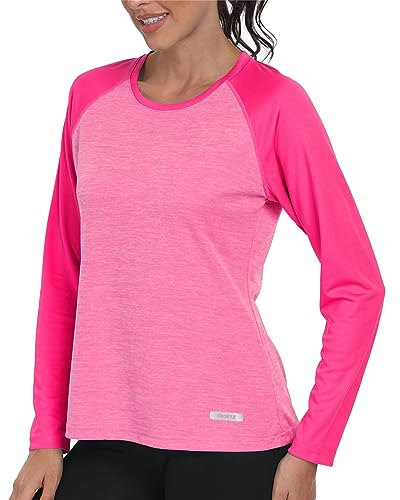 AjezMax UV Shirt Damen Langarm UPF 50+ Outdoor Funktionsshirt mit Rundhals-Ausschnitt Leicht T-Shirt für Laufen Gym Yoga Rosa L