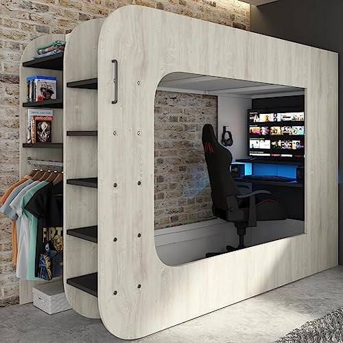 Trasman Gaming PodBed Solo High Sleeper Kids & Adults Single Bed Frames with Desk Left Or Right Ladder Placement Design Solid Cascina Wood Bedframe, Open Wardrobe (Cascina - with sofa bed)