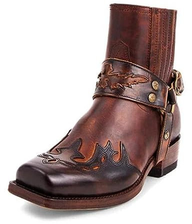 Stivaletti Western da Uomo Con Cinturino Con Fibbia, Stivali Corti da Cowboy Con Punta Quadrata in Pelle Retrò, da Motociclista, Marrone, 44