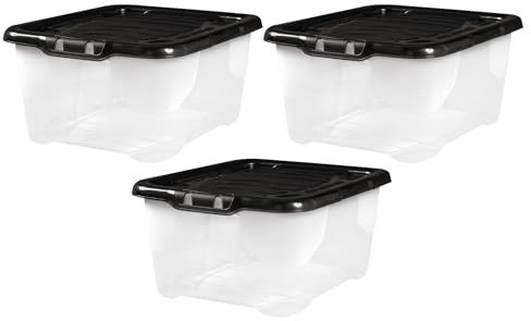 TENLITE 𝐏𝐚𝐜𝐤 𝐎𝐟 𝟑 - 10L Litre Curve Clear Plastic Storage Box with Black Lid | Organiser Box Stackable Nestable Container | Perfect For Home & Office (10 Litre)