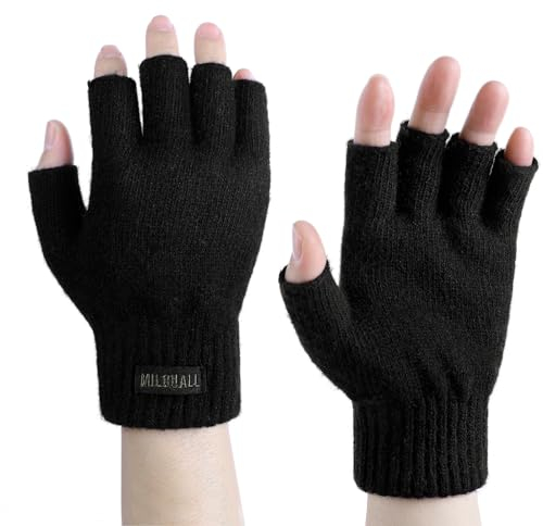 Milduall Winter Strickhandschuhe, Fingerlose Handschuhe Wolle Fingerhandschuhe Fäustlinge Halbfinger Winterhandschuhe Geschenk für Damen Herren Outdoor Radfahren, Praktisch für Alltag