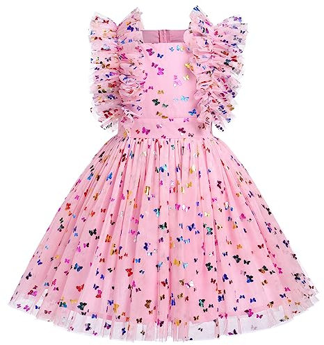 Odizli Abito da festa per bambine con paillettes con paillettes da principessa, linea ad A, in tulle, per matrimoni,, rosa farfalla, 4-5 Anni