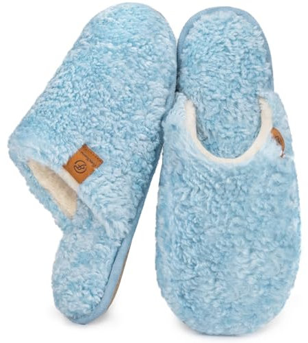 EverFoams Damen Scuff Hausschuhe Gemütlich Weiches Flauschiges Kunstalpaka Memoryschaum Leichte Rutschfeste Pantoffeln Hellblau, 36-37 EU