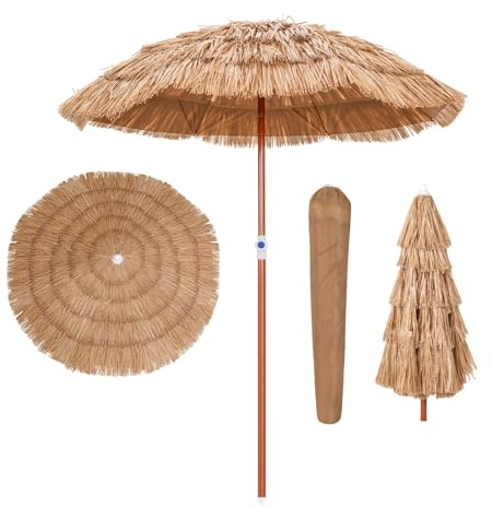 RELAX4LIFE Sonnenschirm Hawaii, Stroh Strandschirm Ø175 cm, Balkonschirm Neigbar & Höhenverstellbar, Gartenschirm mit Tragetasche, Balkon Strand Strohschirm, Bastschirm Hawaiischirm UV Schutz