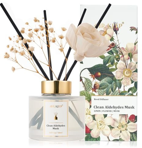 Airkeep Profumatore per Ambienti 150ml, Clean Aldehydes Musk Reed Diffuser Set, Rose Diffusore Profumo Ambiente, Diffusore di Fragranze per Bagno, Appartamento, Decorazione della Casa