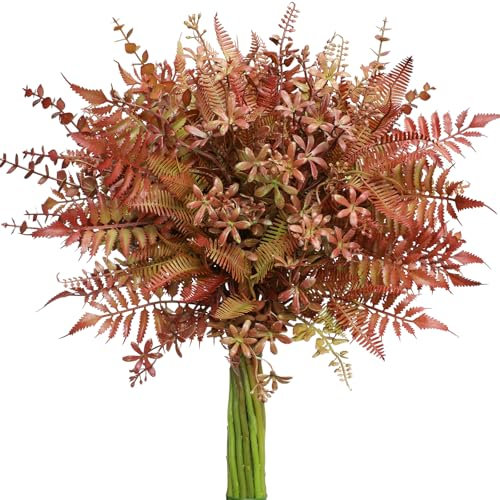 Floralsecret 20 Stück künstlicher Farn Kunstpflanzen Boston Farnpflanzen künstliche Eukalyptus-Stiel dekopflanzen Farn Balkonpflanzen für Tischdeko Garten Vase Innengarten Dekoration (Rot)
