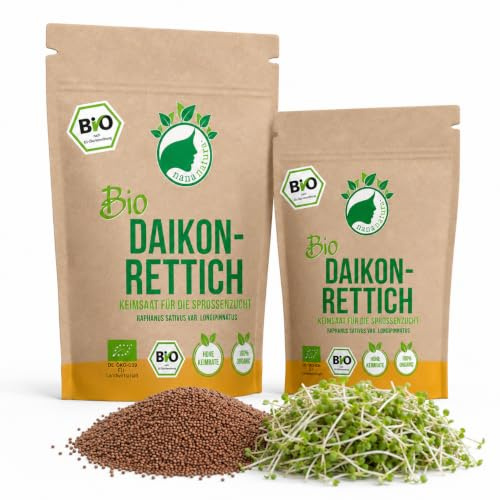 NanaNatura Bio Daikon-Rettich Samen 180g – Keimsaat für Daikonrettich-Sprossen und Microgreens – für Sprossenglas und Keimschale – biologisch angebautes Saatgut aus Italien