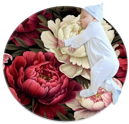 VAPOKF Kleine Teppiche, Badezimmerteppich, Pfingstrosen, Blumen, rutschfest, für Sofa, Schlafzimmer, Kinderzimmer, Dekoration, rund, 1 m Durchmesser