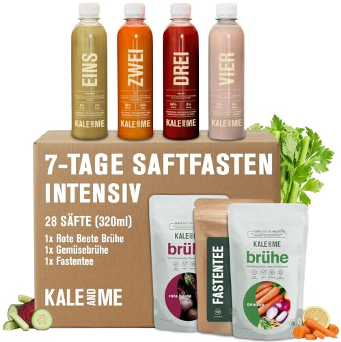 Kale&Me Saftfasten Intensiv 7 Tage – 28 nummerierte Flaschen mit je 320 ml | komplettes Programm mit Säften, Brühe & Fastentee, vegan, ohne Zusatz- & Konservierungsstoffe, mit Kurguide