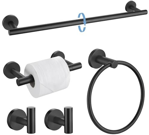 Ensemble de 5 Barres Porte-Serviettes Rondes Noires Mates pour Salle de Bain, Porte-Papier Toilette, Porte-Serviettes en Acier Inoxydable, Fixation Murale, 60 cm