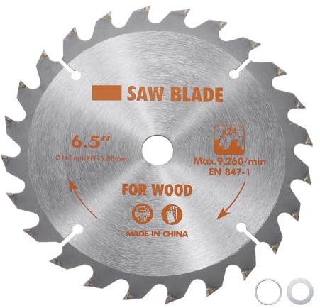 Kozelo Circular Saw Blade - [6-1/2-inch x 24 Teeth x 5/8-inch Arbor] Circular Cutting Blade with 5/8 to 3/8 Washer Adapter for Woodworking Plastic Use, 0.063-inch Kerf