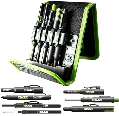 Tracer 5-teiliges Konstruktionsmarker-Set mit Aufbewahrungskoffer – Zimmermannsbleistift, 2 x Marker mit langer Spitze, verstopfungsfreier Marker und Ersatzminenspender