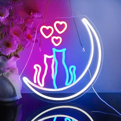Looklight Mondkatze-Neonschilder, Katzenliebhaber-Neonschild, weißer Mond, LED-Neonschild leuchtende Schilder USB-Katzen-Neonlichtschild für Schlafzimmer Wohnzimmer Bar Hochzeit Party Spielzimmer