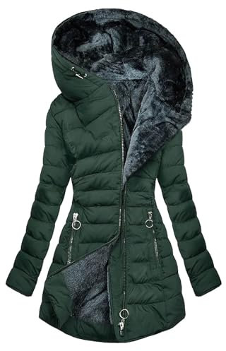 Elsa Keith Wintermantel Damen Winter Fleece Winterjacke Warm Gefüttert Steppjacke Langarm Einfarbig Mantel Vintage mit Kapuze Jacke Cardigan Winddicht Winterparka Elegant Bequeme Sportjacke