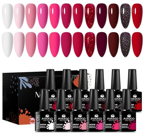 MSRUIOO Rosa Rot UV Nagellack 12 Stück Glitzer Gel Nagellack Kit Soak-Off UV/LED Dunkelrot Weinrot Schellack Set DIY Nail Art Salon DIY, 8ML