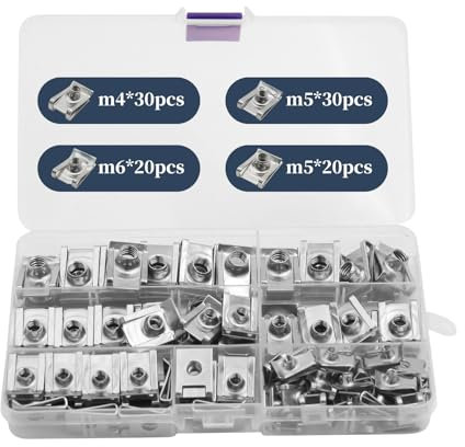 NVGFTG 100 Stück Blechmutter, M4 M5 M6 M8 Blechmuttern Sortiment Set, Edelstahl Gewinde Clip Mutter Set, U-Typ Blechmuttern Schnappmutter Set mit Aufbewahrungsbox, Mutter Clip Kit