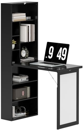 HOMCOM Wall Mounted Computer Desk, Folding Study Table with White Board and Bookshelf, Multifunctional Floating Writing Desk for Home Office, Black
