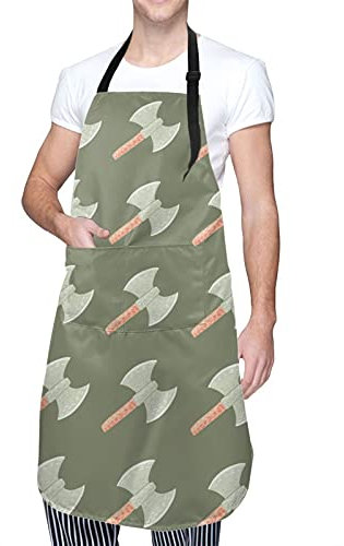 Kitchen Apron Retro Viking Hatchets Pattern Cooking Kitchen Apron Fashion Adjustable Bib Apron With Pockets Kitchen Aprons For Women, For Birthday, Men, Gardening