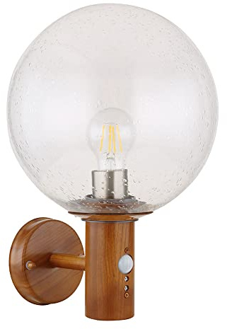Outdoor Wall Light with Motion Sensor Garden Light Stainless Steel Facade Light Glass Ball Clear Wood Effect 1x E27 Diameter 25 x 37 cm