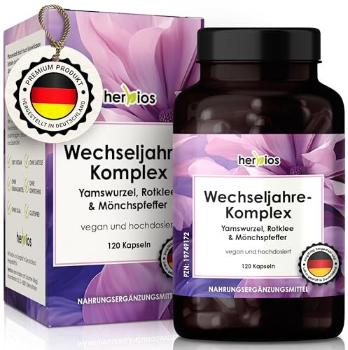 HERBIOS Wechseljahre Kapseln – 120 Stück für 2 Monate – Hochdosierte Yamswurzel, Rotklee & Mönchspfeffer - mit Eisen Folsäure & B-Vitaminen – Vegan & Hormonfrei, Unterstützung für Meno Balance