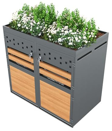 Billg Cache Poubelle Extérieur Double, Abri pour 2 Poubelles de 120-240 L, Antirouille Habillage de Poubelle avec Toit Végétal et 2 Portes avec Poignées Verrouillable, Acier Galvanisé, Anthracite