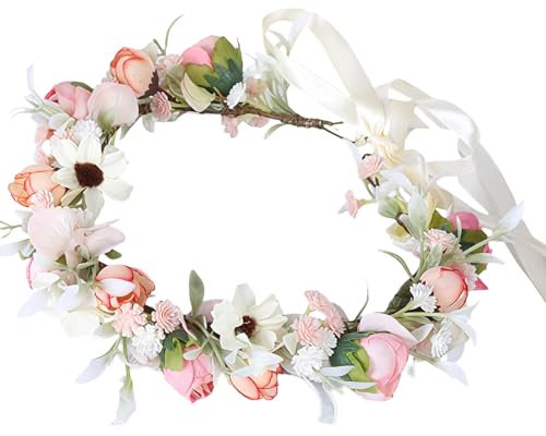 MUNSKT Couronne Fleurs Cheveux Boheme Couronne de Rose Fleur Bandeau Guirlande Couronne de Fleurs Magnifiquement Travaillée Couronne Fleur Cheveux Mariag Disponible pour Adultes et Les Enfants