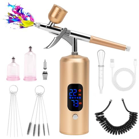 BriSunshine Kit Aerógrafo Inalámbrico 38PSI Ajustable con Compresor, Recargable, Pantalla LCD, Manguera Extensión, Ideal para Peinado, Nail Art, Decoración Pasteles, Maquillaje, Pintura Modelado