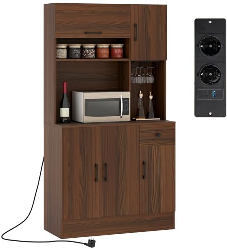COSTWAY Küchenschrank Holz, Buffetschrank mit Steckdosen & USB-Anschlüsse & Type C, Hochschrank mit verstellbaren Regalen & Schublade, für Küche Wohnzimmer, Braun, 90 x 39 x 167 cm