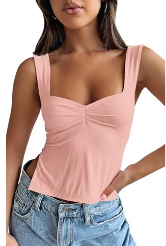 OYIGELZ Débardeur Femme Été Haut à Bretelles Camisole Sans Manches Hauts Y2K Coupe Ajustée Crop Tops Fente Latérale Dos Nu Sexy Plissé Élégant Basique Cami Débardeur Chemise Streetwear, Rose pâle, XS