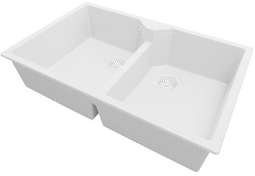 PRIMAGRAN Lavello da Cucina Bianco 78x50cm, Lavandino da Cucina a 2 vasche + Sifone Classico, Lavabo da Cucina Incasso al mobile 80cm - Madrid Twin