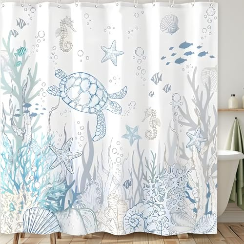 Duschvorhang 180×200cm - Meeresschildkröten Blauer Badevorhänge Shower Curtains Ozean Maritim Meer Korallen mit ösen & 12 Duschringen Wasserdichter Schnelltrocknend Waschbar für Badezimmer Badewann