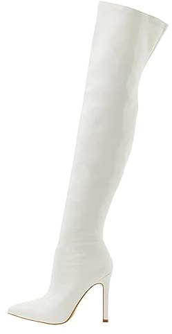 Generisch Stivali sopra il ginocchio da donna Shark Boots morbida cerniera interna in pelle verniciata con tacco alto, stivali elastici sopra il ginocchio per esterni, bianco, 39 EU