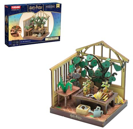 PUREMIND Harry Potter Herbology Greenhouse 3D Wooden Puzzle DIY Model Kit | Official licence, Harry Potter gifts, miniature model, Mandrake figure, movable garden tools, DIY build, collectable display