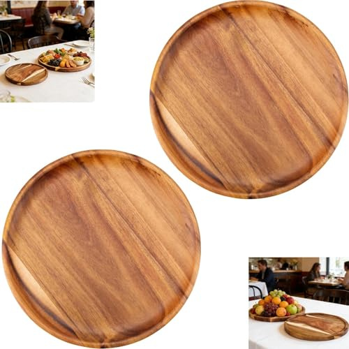 Mujiluxe Holztablett rund,holztablett,kerzenteller,Deko Snackschale,Zweiteiliges rundes Dekotablett-Set groß aus Holz, für Couchtische, Snacks und als Dekoration für Zuhause