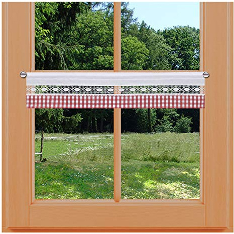 kollektion MT Feenhausgardine Helena rot-weiß als kurzer Scheibenhänger mit Vogtländischer Spitze & rot-weiß Karierter Abschlusskante