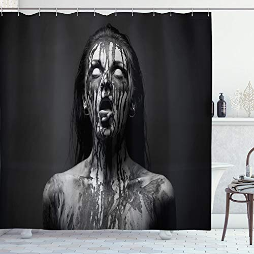 ABAKUHAUS Zombie Duschvorhang, Schreien Frau, Stoffliches Gewebe Badezimmerdekorationsset mit Haken, 175 x 200 cm, Schwarz und Weiß