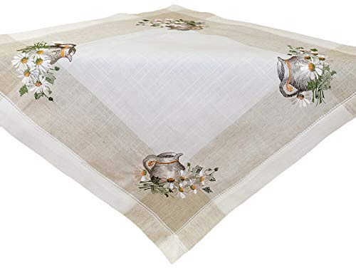 matches21 Tischdecke Mitteldecke Tischwäsche Krug & Blüten braun beige Natur mediterran Leinenoptik gestickt 60x60 cm