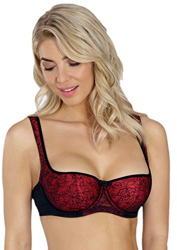 Rosme Women's Balconette Bra with Push Up Effect – Plus Size Sexy Lace Demi Half Cup Bra – Lightly Padded Underwired Low Cut Mesh Design Grand, Red, Size 38C