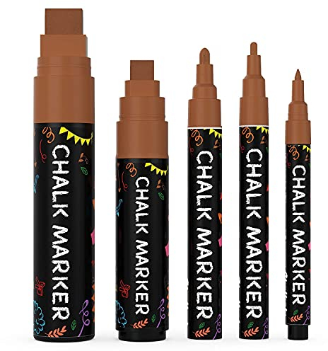 Chalkola Kreidestifte - Braun - 5 Kreide Markers Multipack - 1mm, 3mm, 6mm, 10mm, 15mm Spitze. Kreidestifte für Fenster, Tafel, Glas und mehr. Ideal für Erwachsene, Künstler, Lehrer und Kinder.