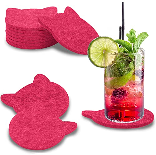 wortek Filz Untersetzer Gläser Pink in Katzenform – 8er Set Glasuntersetzer für Getränke, Tassen, Bar, Glas - Ø 10cm Tischuntersetzer waschbare Filzuntersetzer Gläser Glas Untersetzer-Set