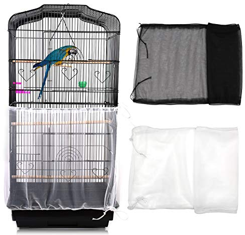 2 Stück Vogelkäfig Abdeckung, Einstellbar Vogelkäfig Samenfänger, Universal Kordelzug Papageien Vogelfutter Kleintiere Netz, Abdeckung Rock Bewachen für Runde Quadratische Käfige(Weiß + Schwarz)