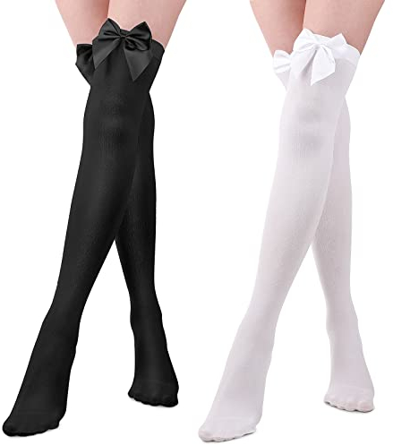 Geyoga 2 Pares de Calcetines hasta Rodilla con Lazo Medias Altas de Muslo Opacas para Mujer Halloween