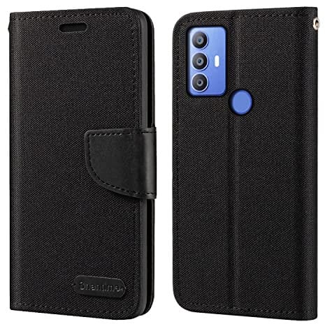 Oxford Fabric PU Leather Flip Wallet Case Compatible with TCL 305 6102D, Durable Protective Cover with Card Slots and Magnetic Closure (Black)