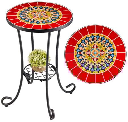VONLUCE Table d'Appoint en Mosaïque Support de Plantes Plateau en Céramique 35,5×55cm Décoration de Patio Porche Terrasse Jardin pour Intérieur Extérieur avec Etagère Salon, Rouge