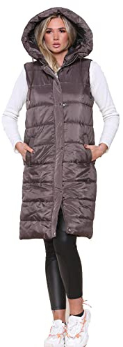 Fashion Knot Ladies Padded Gilet Longline Hooded Jacket Quilted Winter Wear Long Hooded Side Split Puffer Long Body-Warmer Coat Size 8-18…