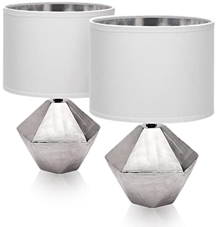 LED Universum 2er Set Tischleuchten Tischlampen Nachttischlampen Leseleuchten aus Keramik mit Stoffschirm, E14 Sockel, rund silber weiß groß - 3158